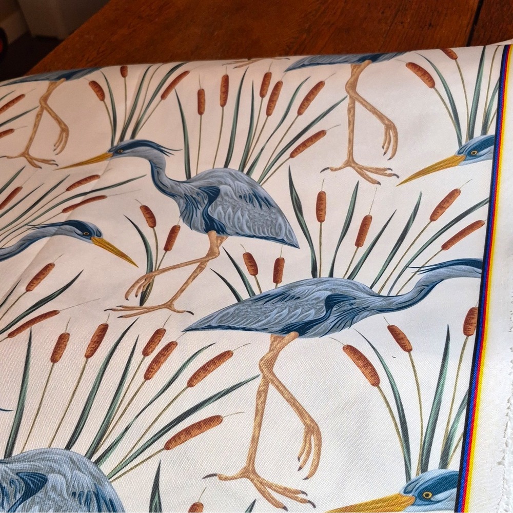 Fabric Lot 10 yds.+ 60 in. wide Blue Heron Cattails Print White drapery upholst